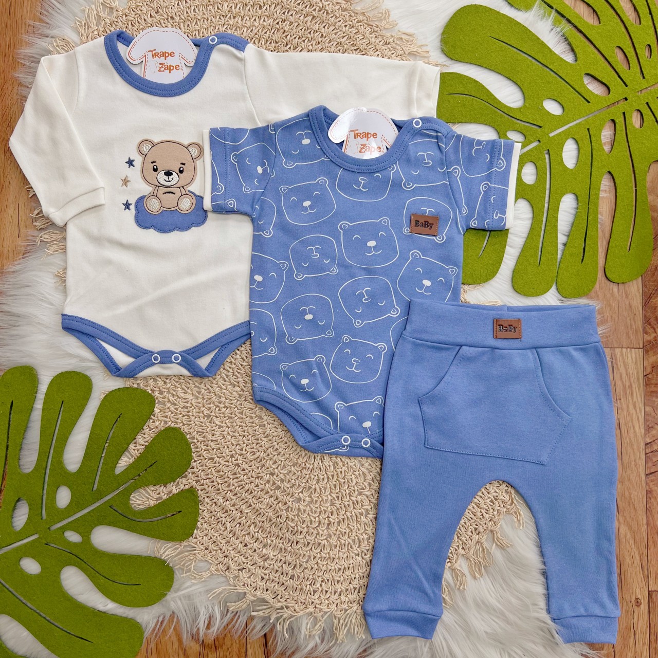 Conj. de Malha 3 peças - Bear Fofinho com Estrelinhas - Azul e Off White